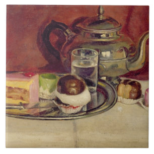 Still Life with Cakes and a Silver Teapot (oil on Tile