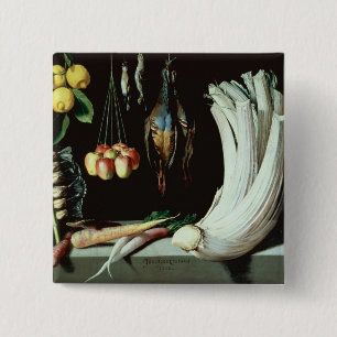 Still life with dead birds, fruit and 15 cm square badge
