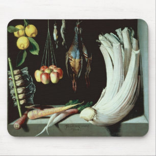 Still life with dead birds, fruit and mouse pad