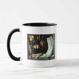 Still life with dead birds, fruit and mug