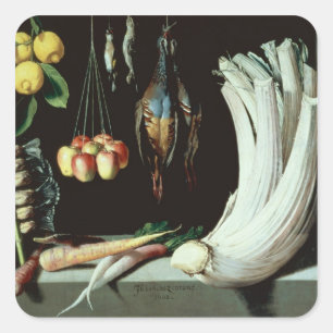 Still life with dead birds, fruit and square sticker