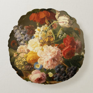 Still Life with Flowers and Fruit, 1827 Round Cushion