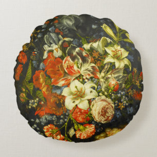 Still Life with Flowers and Fruit  Round Cushion
