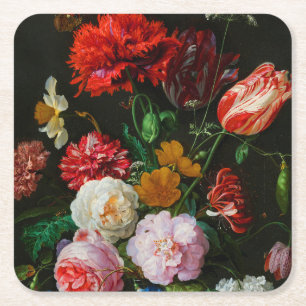 Still Life with Flowers in a Glass Vase  Square Paper Coaster