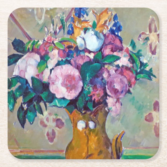 Still Life with Flowers, Paul Cezanne Square Paper Coaster (Front)