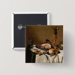 Still life with ham, books and ornamental vessels 15 cm square badge