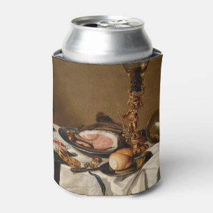 Still life with ham, books and ornamental vessels can cooler