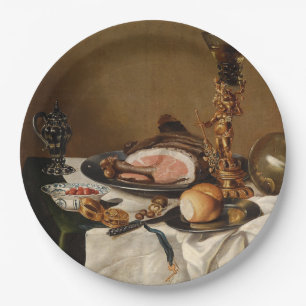 Still life with ham, books and ornamental vessels paper plate