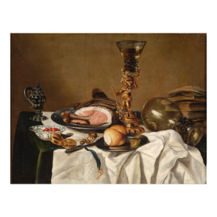 Still life with ham, books and ornamental vessels photo print