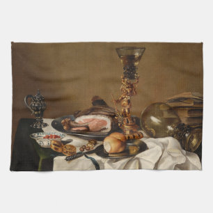 Still life with ham, books and ornamental vessels tea towel