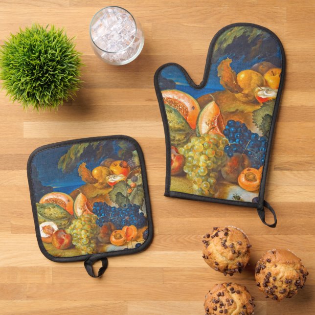 Still Life With Melons, Grapes, Peach & Cherries - Oven Mitt & Pot Holder Set (Top Down)