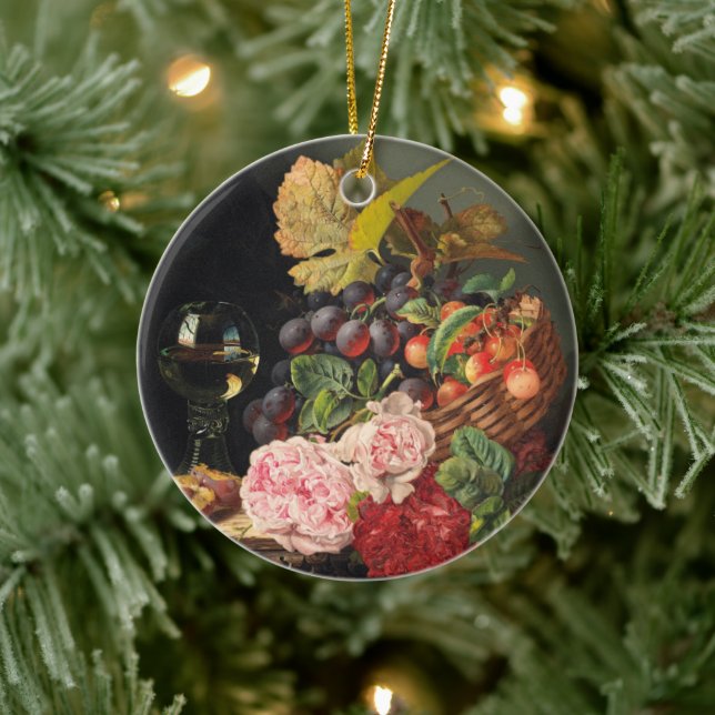 Still life with peonies and a glass of wine ceramic ornament (Tree)