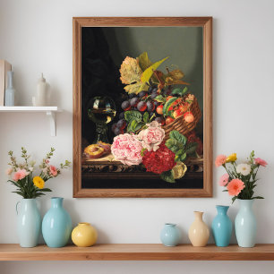 Still life with peonies and a glass of wine poster