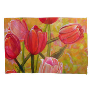 Still life with Pink and Red Tulips Painting Pillowcase