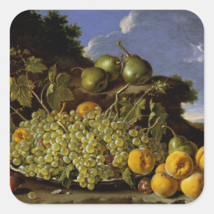 Still life with Plate of Grapes, Peaches, Pears Square Sticker