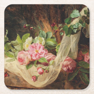 Still Life with Roses on a Forest Floor – Lach A. Square Paper Coaster