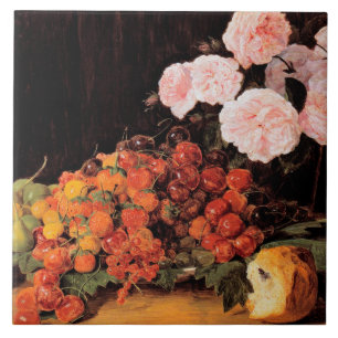 Still Life With Roses, Strawberries and Bread Ceramic Tile