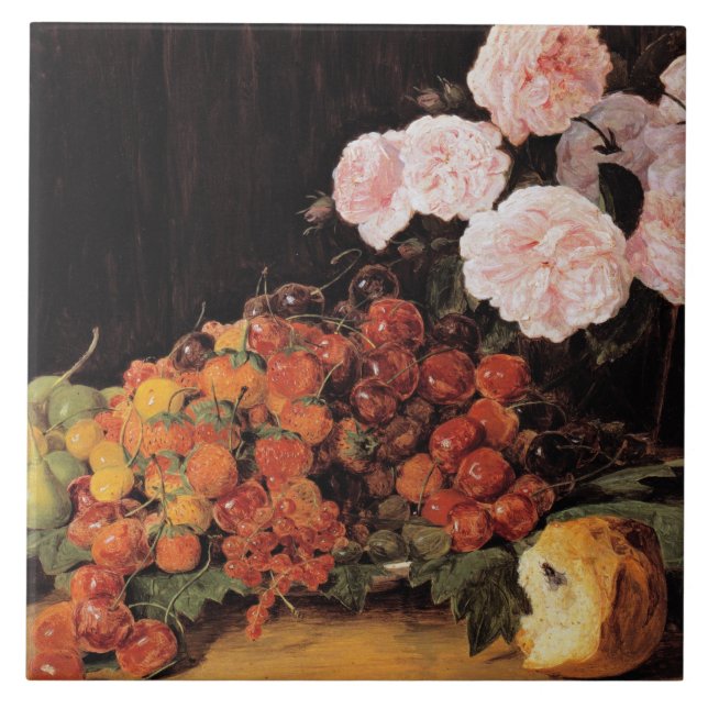 Still Life With Roses, Strawberries and Bread Ceramic Tile (Front)