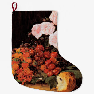 Still Life With Roses, Strawberries and Bread Large Christmas Stocking