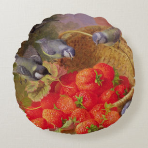 Still Life with Strawberries and Bluetits Round Cushion