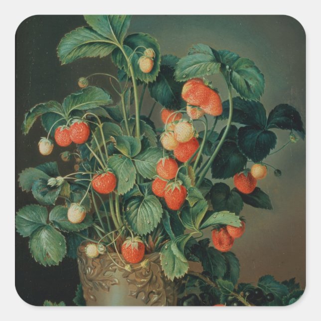 Still life with strawberries square sticker (Front)