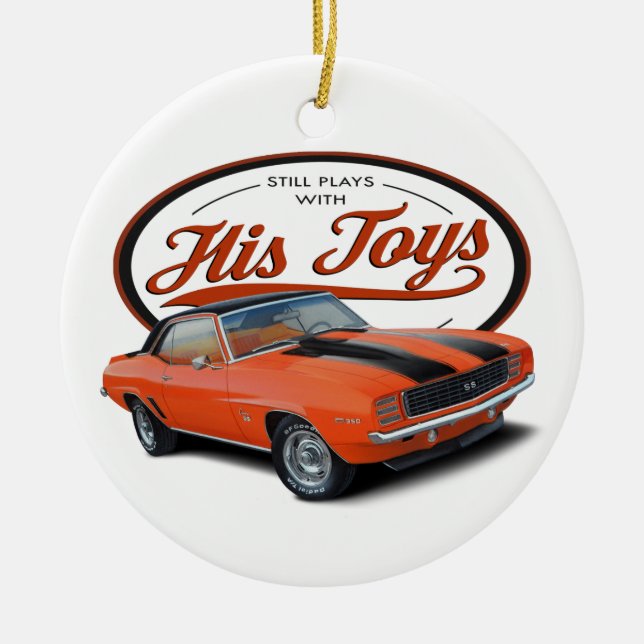 Still Plays with Toy Cars Ceramic Ornament (Front)