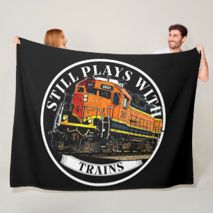 Still Plays with Trains Orange Black Diesel Train  Fleece Blanket