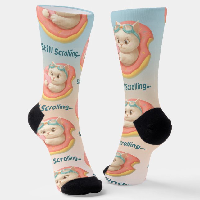 Still Scrolling: Funny Bao Bao Cat Donut Sticker Socks (Angled)