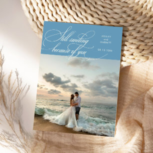 Still Smiling Elegant Wedding Photo Denim Blue Thank You Card