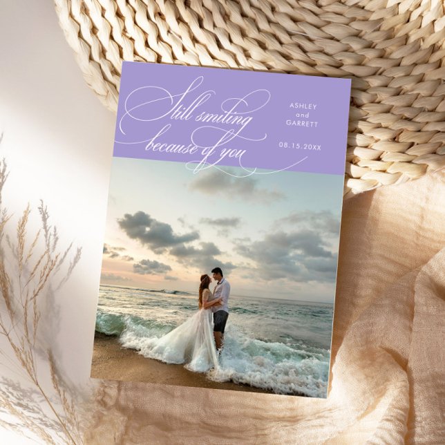 Still Smiling Elegant Wedding Photo Lilac Thank You Card (Creator Uploaded)