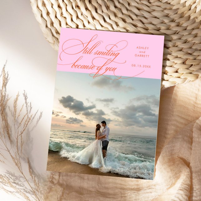 Still Smiling Elegant Wedding Photo Orange Pink Thank You Card (Creator Uploaded)