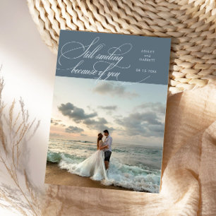 Still Smiling Elegant Wedding Photo Slate Blue Thank You Card