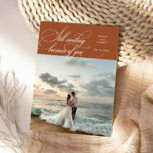 Still Smiling Elegant Wedding Photo Terracotta Thank You Card