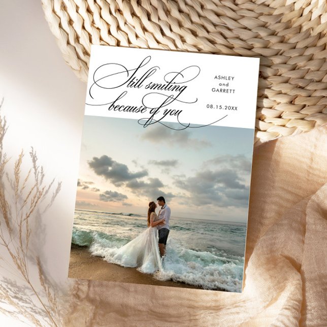 Still Smiling Elegant Wedding Photo White Thank You Card (Creator Uploaded)