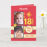 Still so cute photos red 18th Birthday Card<br><div class="desc">Still so cute 18th Birthday greeting card for her.

Replace the two photos on the front and add a name and your message.
Make a wish.
Designed in red and yellow with gold flowers.</div>