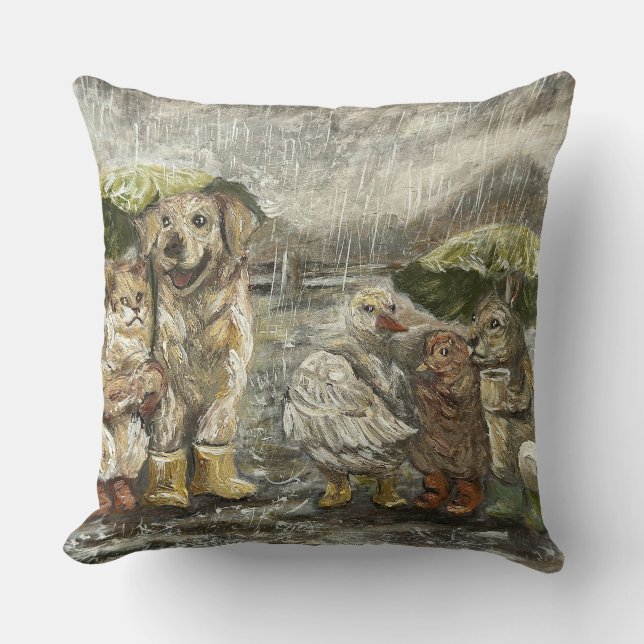 Still Together Whimsical Farmhouse Animals Rainy  Cushion (Front)