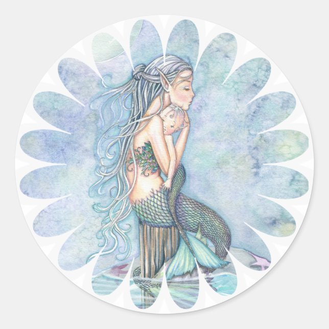 Still Waters Mother and Infant Mermaid Baby Shower Classic Round Sticker (Front)
