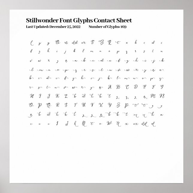 Stillwonder Font Glyphs Contact Sheet Poster (Front)