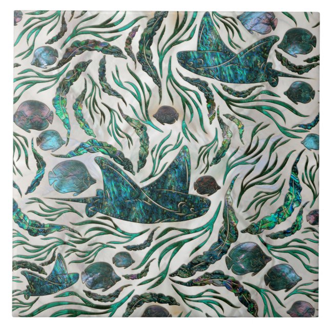 Stingray and Scat fish pattern Abalone Ceramic Tile (Front)