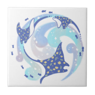 Stingray in Ocean Illustration Ceramic Tile