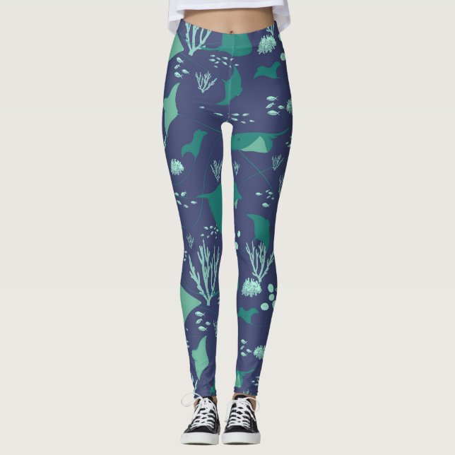 Stingray Marine Sea Life Deep Blue Pattern Leggings (Front)
