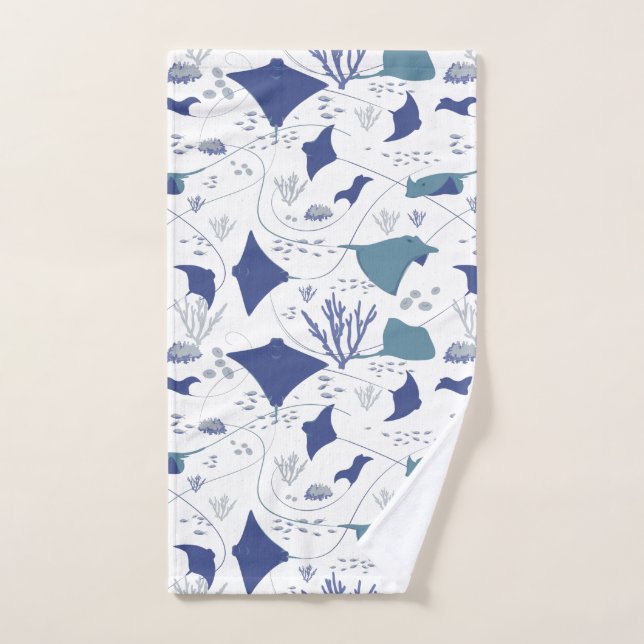 Stingrays Aquatic Wildlife Blue and White Hand Towel (Hand Towel)