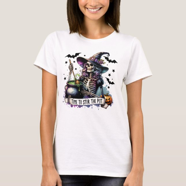 Stir the Pot Witch Skeleton Halloween Funny T-Shirt (Front)