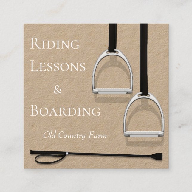 Stirrup Irons & Riding Crop Equestrian White Text Square Business Card (Front)