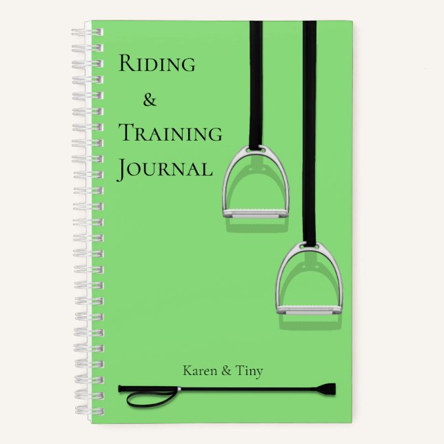 Stirrup Irons & Riding Crop Lime Green Equestrian Notebook (Front)