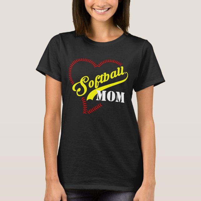 Stitch Heart Softball Mum Personalised Women Black T-Shirt (Front)