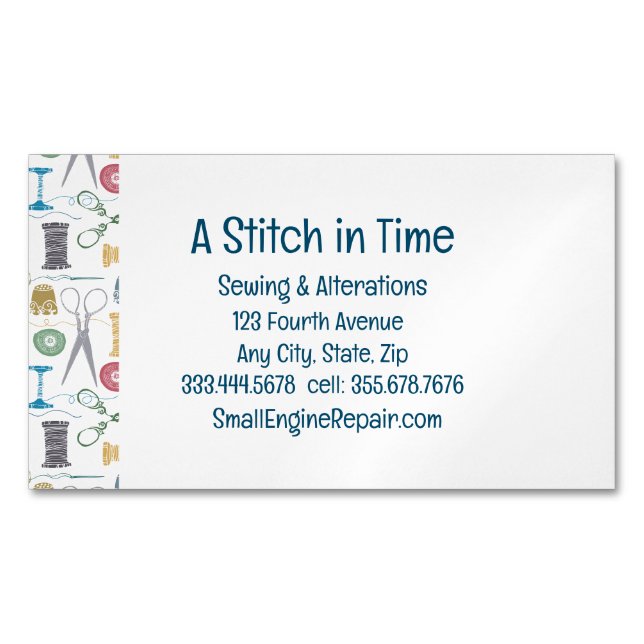Stitch in Time Sewing Alterations Repair Magnetic Business Card (Front)