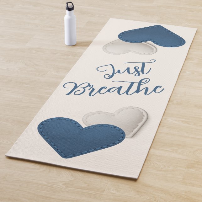 Stitched Blue / Ivory Hearts "Just Breath" Yoga Mat (In Situ)