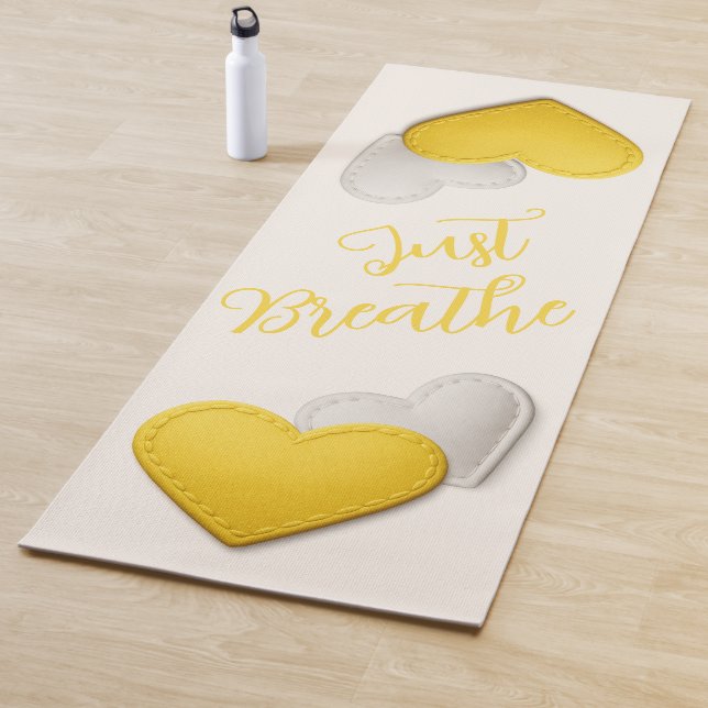 Stitched Bright Yellow & Ivory Hearts Just Breathe Yoga Mat (In Situ)