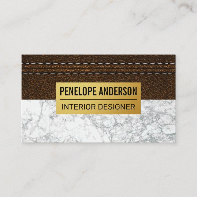 Stitched Brown Leather | Gold Metal | White Marble Business Card (Front)